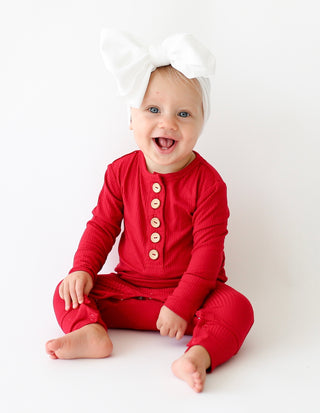 Posh Peanut Solid Ribbed Crimson L/S Ruffled Henley Romper, Posh Peanut, cf-size-0-3-months, cf-size-3-6-months, cf-size-6-9-monmths, cf-size-9-12-months, cf-type-romper, cf-vendor-posh-peanu