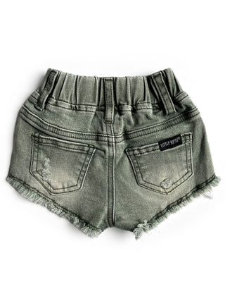 Little Bipsy Girl's Cut Off Denim Shorties - Green Wash, Little Bipsy Collection, Baja Collection, cf-size-12-18-months, cf-size-3-6-months, cf-size-3t-4t, cf-type-shorts, cf-vendor-little-bi