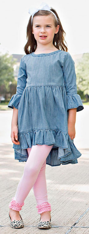 RuffleButts Denim Hi Lo Ruffle Tunic, RuffleButts, Hi Lo Tunic, Light Wash, Light Wash Denim, RuffleButts, RuffleButts Plaid Dress, RuffleButts Top, RuffleButts Tunic, Tunic - Basically Bows 