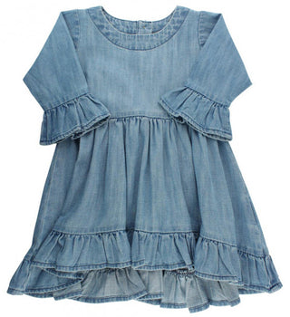 RuffleButts Denim Hi Lo Ruffle Tunic, RuffleButts, Hi Lo Tunic, Light Wash, Light Wash Denim, RuffleButts, RuffleButts Plaid Dress, RuffleButts Top, RuffleButts Tunic, Tunic - Basically Bows 