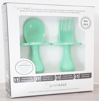 Mint to Be Grabease Fork & Spoon Set, Grabease, Baby Fork and Spoon Set, Blue Grabease, Blush Grabease Set, CM22, Cyber Monday, EB Baby, First Self Feeding Utensil Set of Spoon and Fork for T