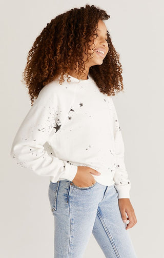 Z Supply Girls Splatter Star Sweatshirt - White, Z Supply, JAN23, Top, Tween Girl, tween girls, Tween Girls Clothing, Z Supply, Z Supply Girls, Z Supply Girls Splatter Star Sweatshirt, Z Supp