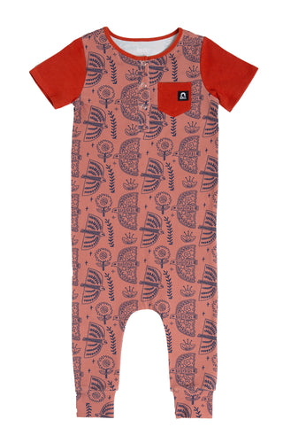 RAGS S/S Henley Pocket Romper - Bird Floral Copper Brown, RAGS, cf-size-12-18-months, cf-size-18-24-months, cf-size-2t, cf-size-3-4y, cf-size-3-6-months, cf-size-6-12-months, cf-type-romper, 