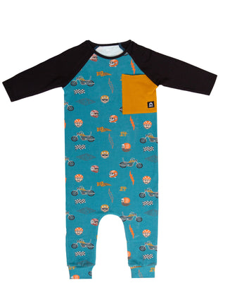 RAGS 3/4 Raglan Sleeve Big Pocket Rag Romper - Moto Gang - Hydro, RAGS, cf-size-12-18-months, cf-size-18-24-months, cf-size-2t, cf-size-3-4y, cf-size-5-6y, cf-size-6-12-months, cf-type-romper