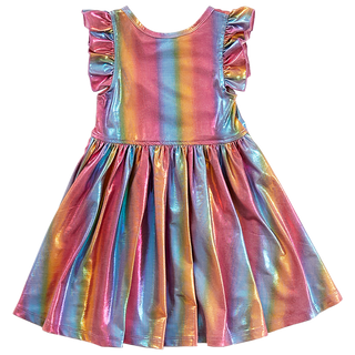 Pink Chicken Ruffle Steph Dress - Rainbow Lame, Pink Chicken, Big Girls Clothing, Dress, Dress for Girls, Dresses for Girls, Iridescent Rainbow, Little Girls Clothing, Little Girls Dress, Lit