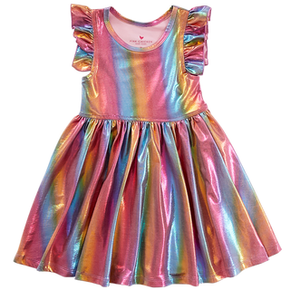 Pink Chicken Ruffle Steph Dress - Rainbow Lame, Pink Chicken, Big Girls Clothing, Dress, Dress for Girls, Dresses for Girls, Iridescent Rainbow, Little Girls Clothing, Little Girls Dress, Lit