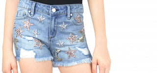 Tractr Girls Star and Moon Light Denim Shorts (4-14), Tractr, Denim Shorts, Moon and Stars, Moon and Stars Shorts, Shorts, Tractor Stars shorts, Tractr, Tractr (7-14), Tractr Girls, Tractr Gi